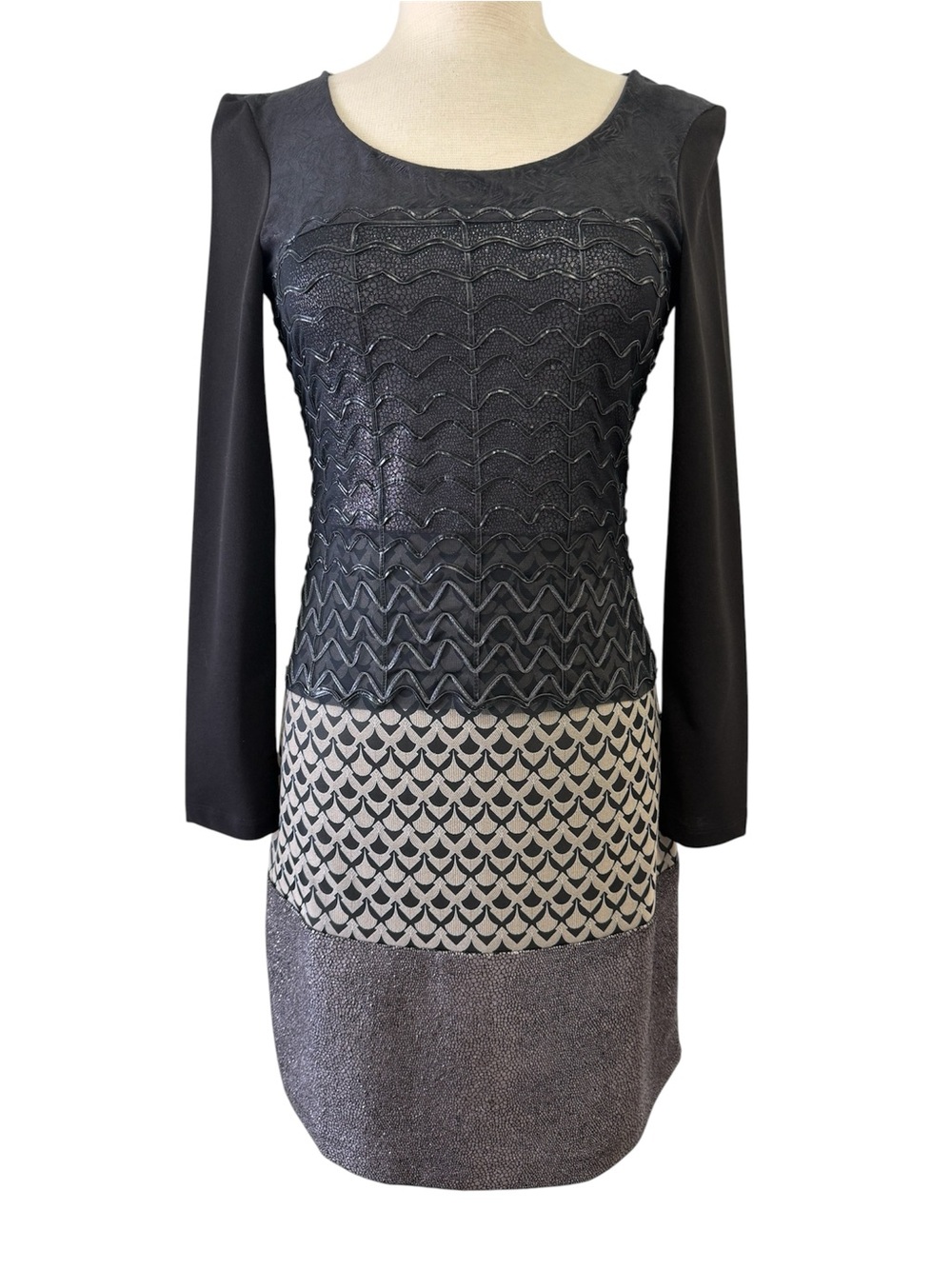 Save The Queen Black and Gray Textured Layered Long Sleeve Dress